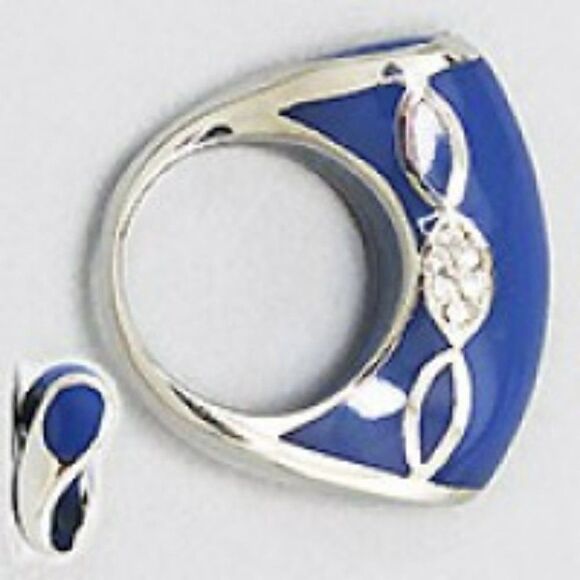 Blue Enamel Silver Tone & Clear Rhinestone Fashion Ring Size 7 - Picture 3 of 6